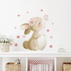 Pegatina de pared de conejo de dibujos animados bohemios, mariposa, flores, guardería, habitación de niños, decoración del hogar, Mural, sala de estar, dormitorio, pegatinas de conejo