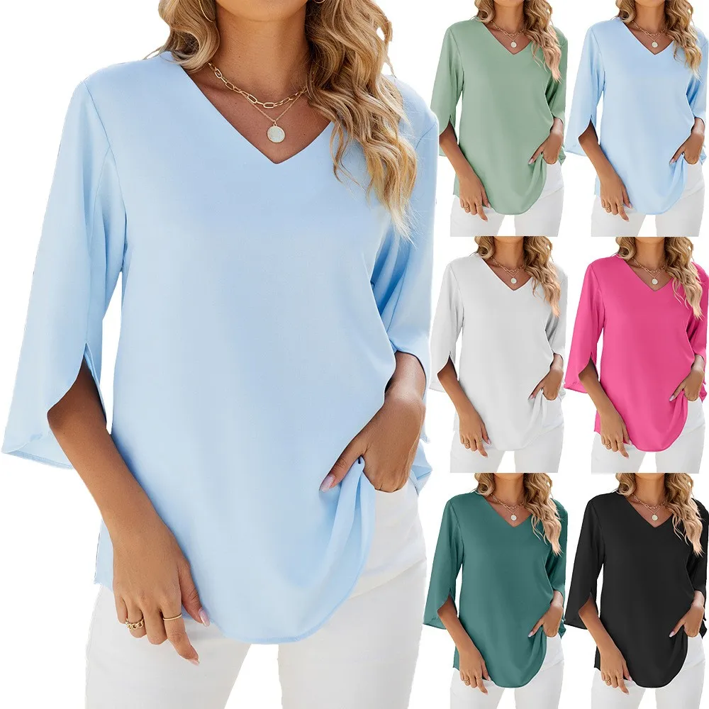 

Women Blouse Summer V Neck Loose Fit Blouses Macaron Color Cap Sleeve Chiffon Blouse Pastel Color Three Quarter Sleeve Top