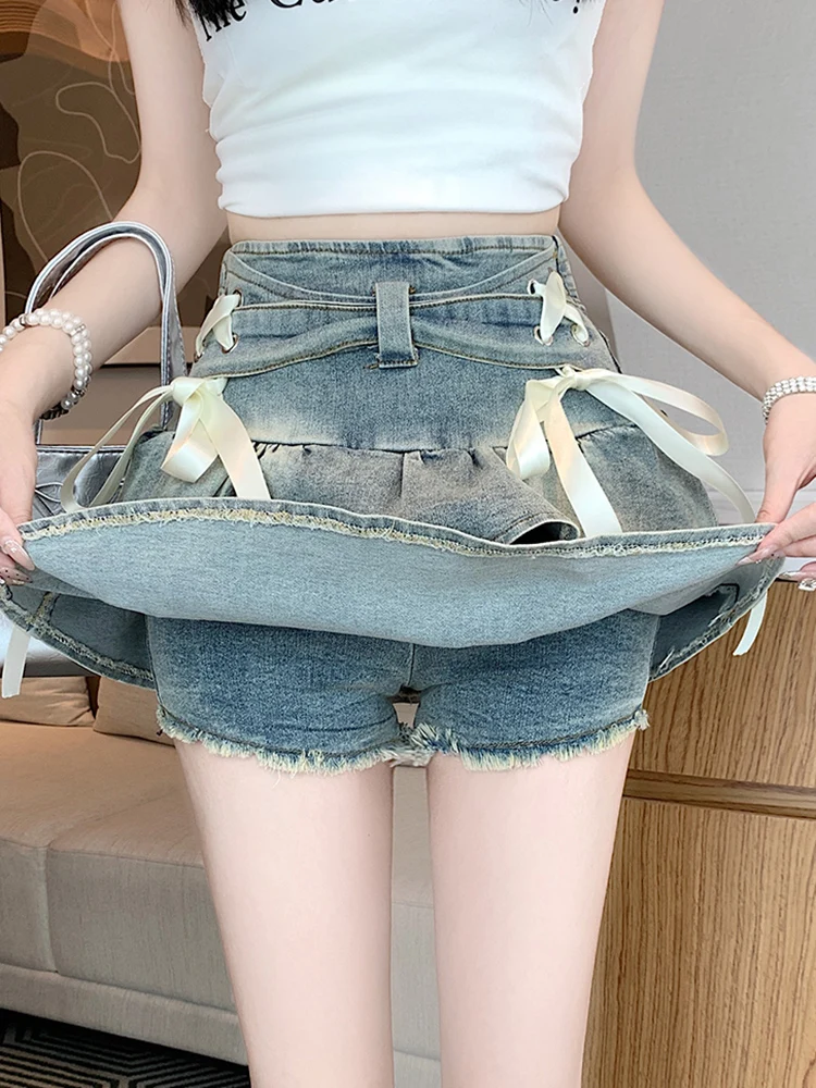 Women's high waisted slim fit sweet mini pleated skirt American retro chic fashionable elastic denim cake short skirt