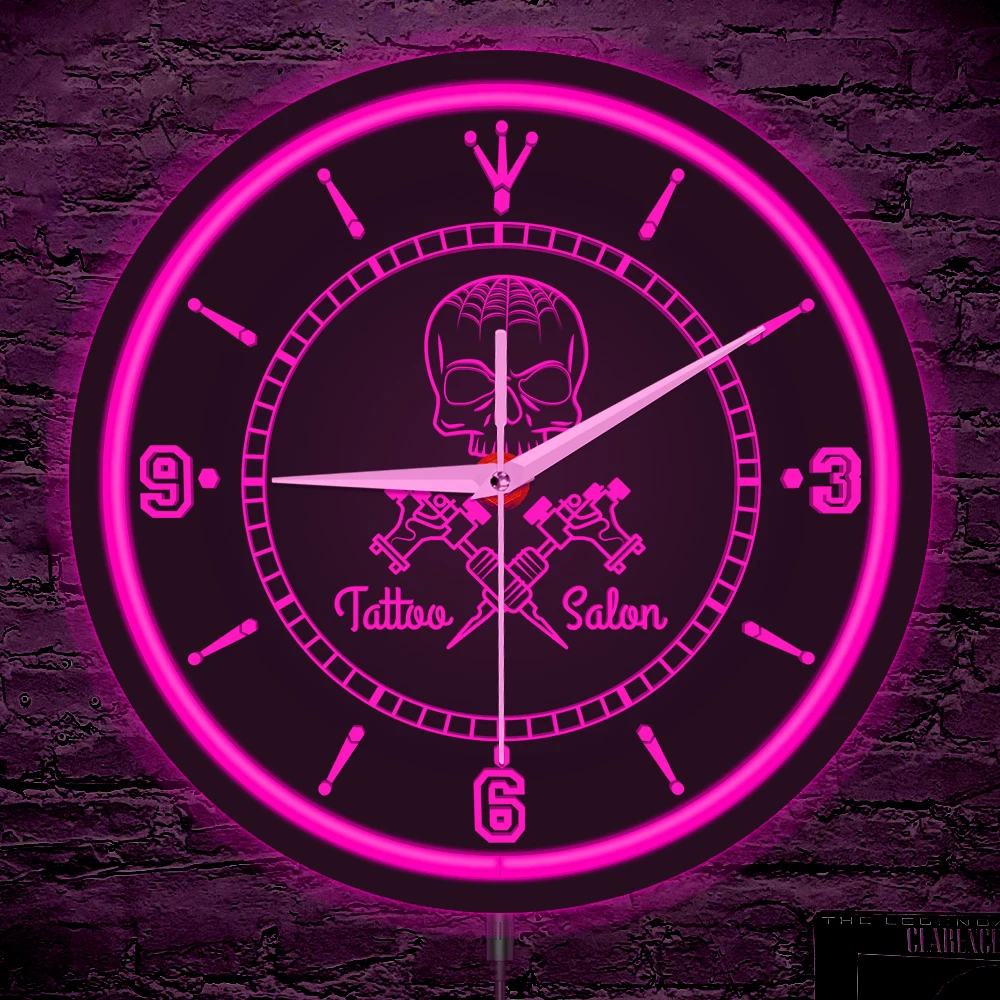 Tattooed Skull LED Neon Sign Glowing Wall Clock For Mancave Tattoo Studio Tattoo Artist Tattooist Metal Frame Lighted Wall Clock