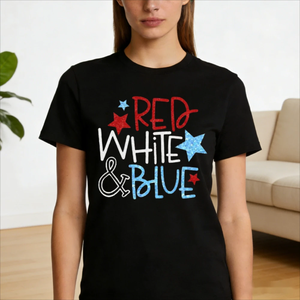 Camiseta Roja, Blanca y Azul para el 4 de Julio, Día de la Independencia, con Brillo, Estilo Y2K, Moda Femenina, Informal, de Verano, de Algodón