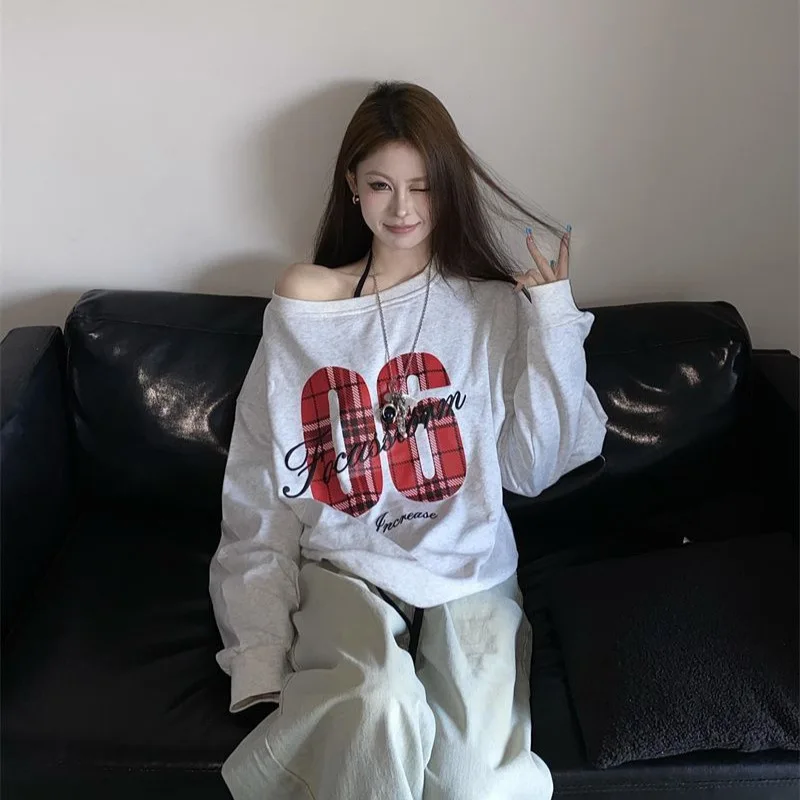 الأمريكية الرجعية الساخن فتاة البلوزات المطبوعة المرأة فضفاضة الكتف عارية رياضي تنوعا نمط جديد منتصف طول كم طويل Str... #1