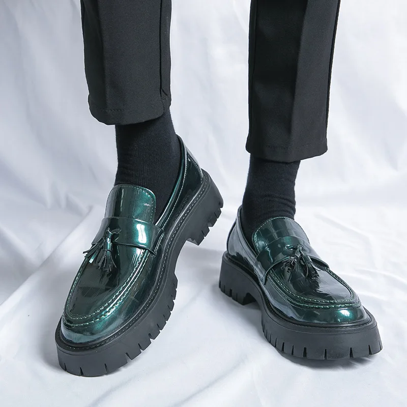 Men Tassel Loafers Patent Croc Print Platform Shoes for Men Slip on Chunky Footwear British Retro Street Formal Party Dress Shoe