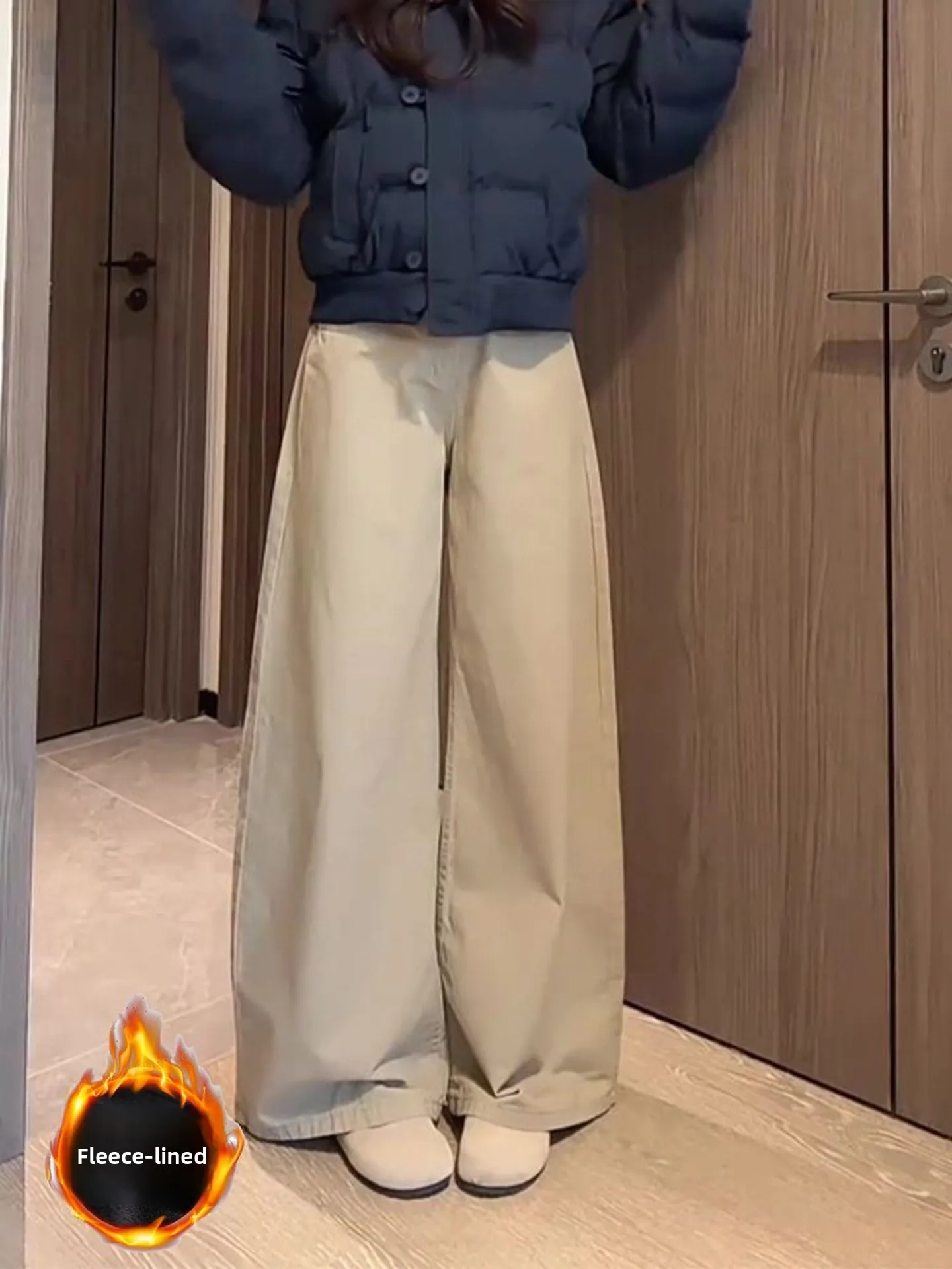 

Джинсы цвета хаки с высокой талией на подкладке, женские осенне-зимние широкие брюки прямого кроя, американские однотонные джинсы