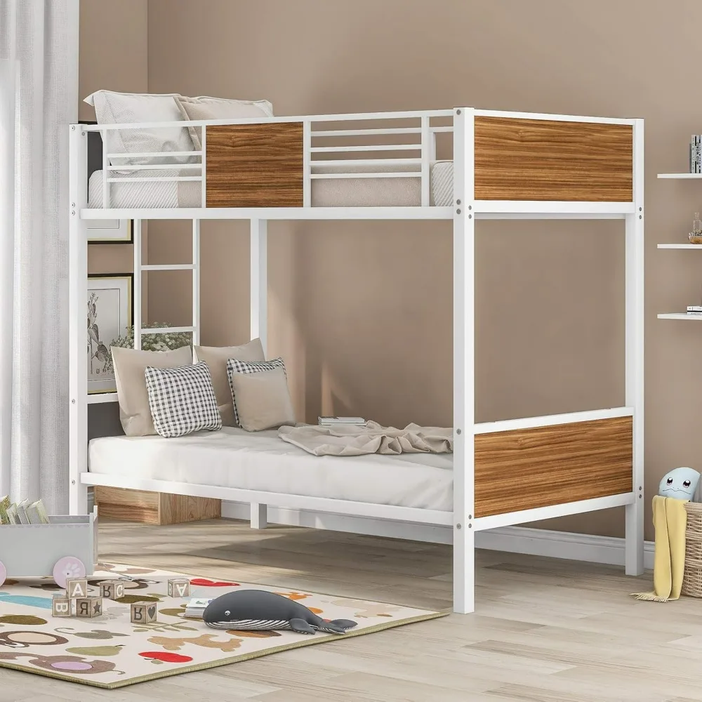 

Modern Twin-Over-Twin Bunk Bed, Steel Bunk Bed Frame with Safety Rail, Built-in Ladder. Suitable for Bedrooms, Dormitories