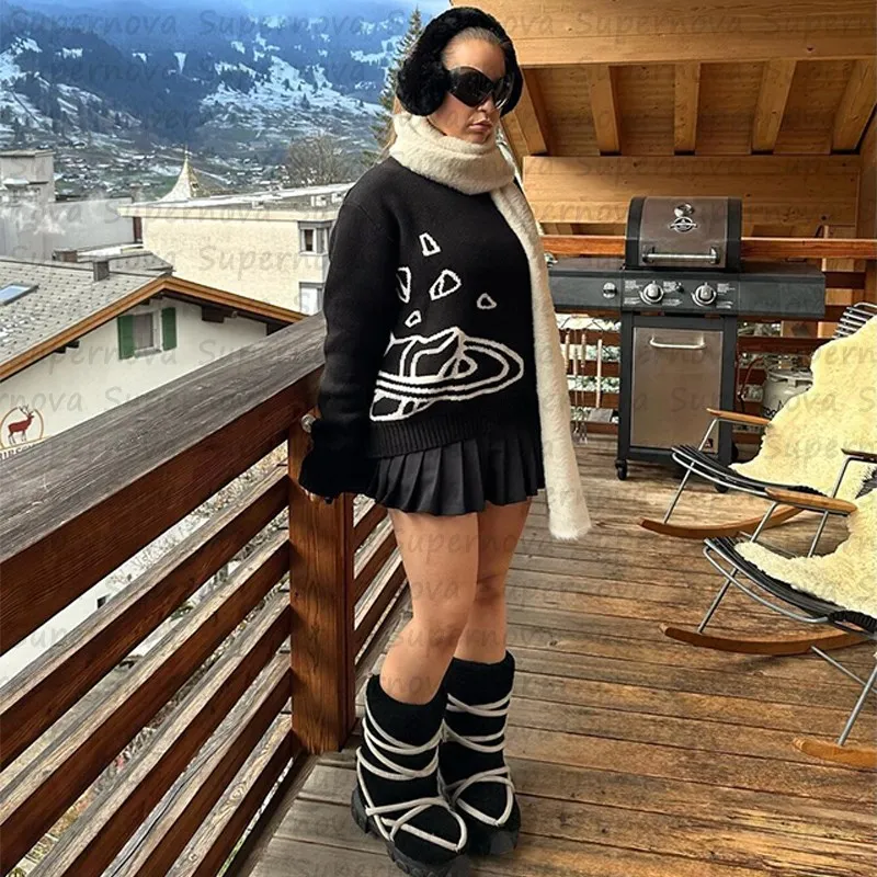 2023 retro high street aesthetic knitted sweater autumn and winter turtleneck unisex Harajuku oversized sweater chic printing