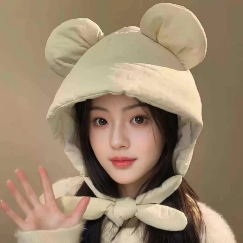 

Korean Version of Cute Bear Ears with Cotton Lei Feng Hat Women's Winter Warm and Cold Ear Protection Straps Riding Bomber Hats
