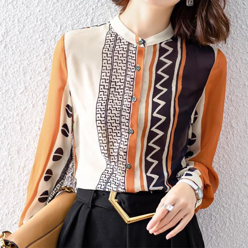 Spring Autumn Women\'s Clothing Chic Geometric Printing Loose Office Lady Stand Collar Single Breasted Chiffon Long Sleeve Shirt