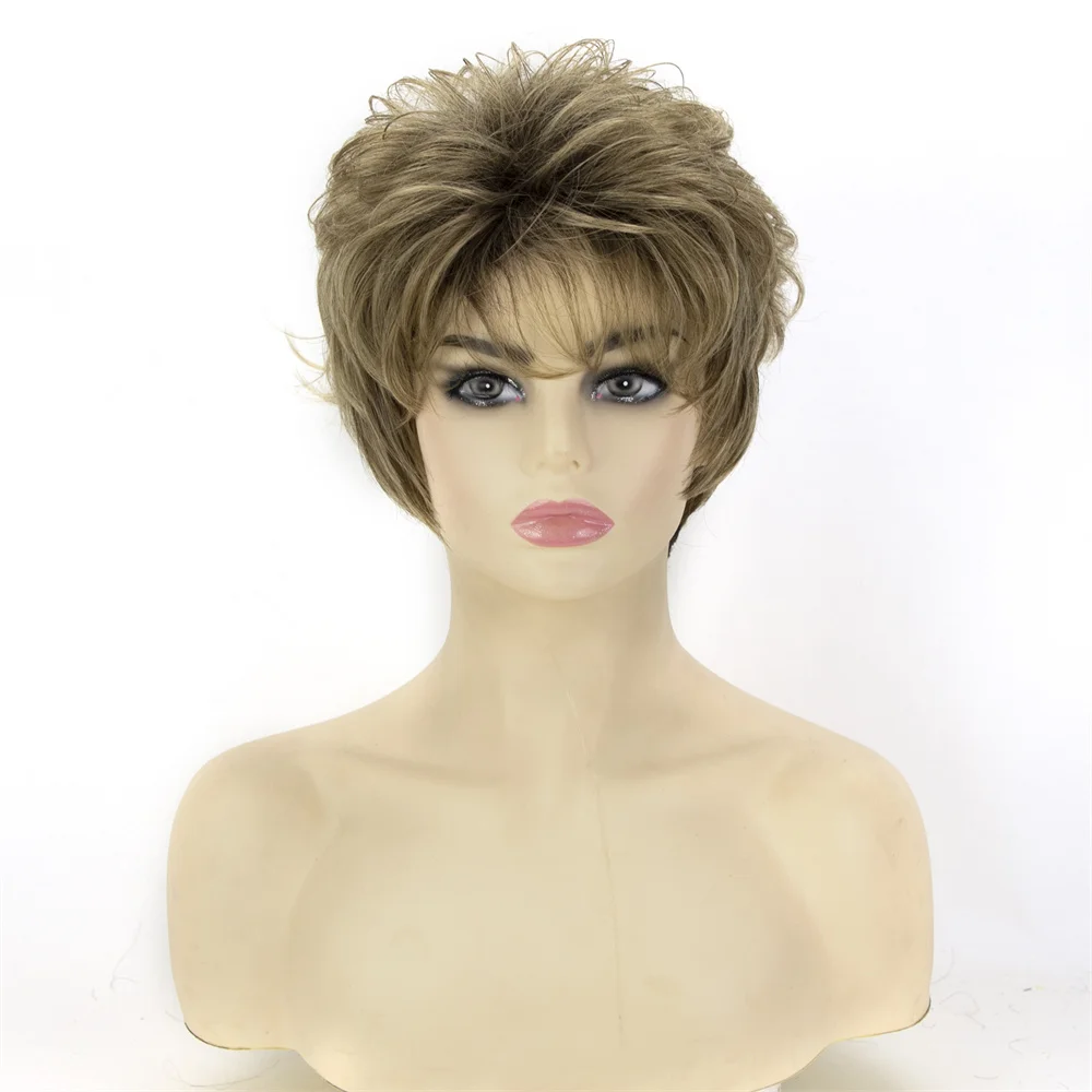 Short Pixie Cut Synthetic Wigs For Women Natural Straight Curly Ombre Blonde with Bangs Hair Style Daily Use Womens Hair Wig
