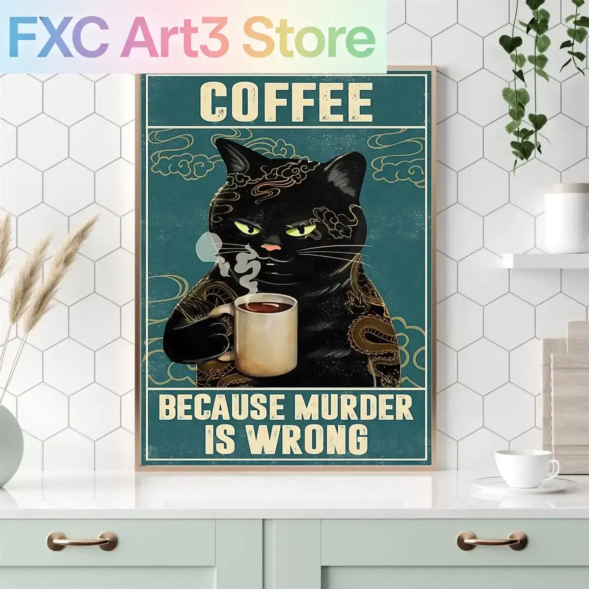 1 Stück rahmenlose Leinwandmalerei, Retro-Katzen-Kaffee-Vintage-Küchenschilder, Wanddekoration, „Weil Mord verboten ist“, lustige Deko-Kunstposter