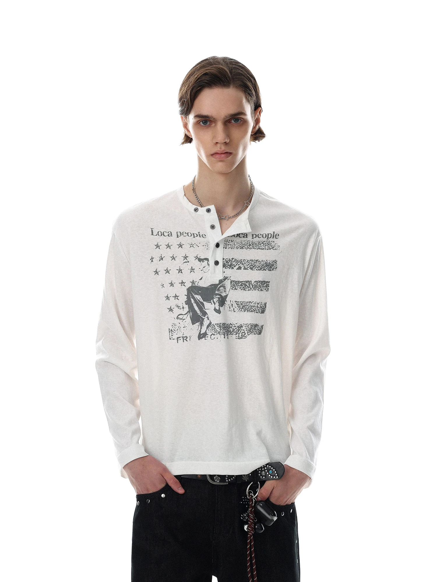 MRNEARLY American Retro Henry Collar Long Sleeve T-Shirt Loose Fit Autumn Base Shirt Couple Style Cotton Printed Men's Fashion
