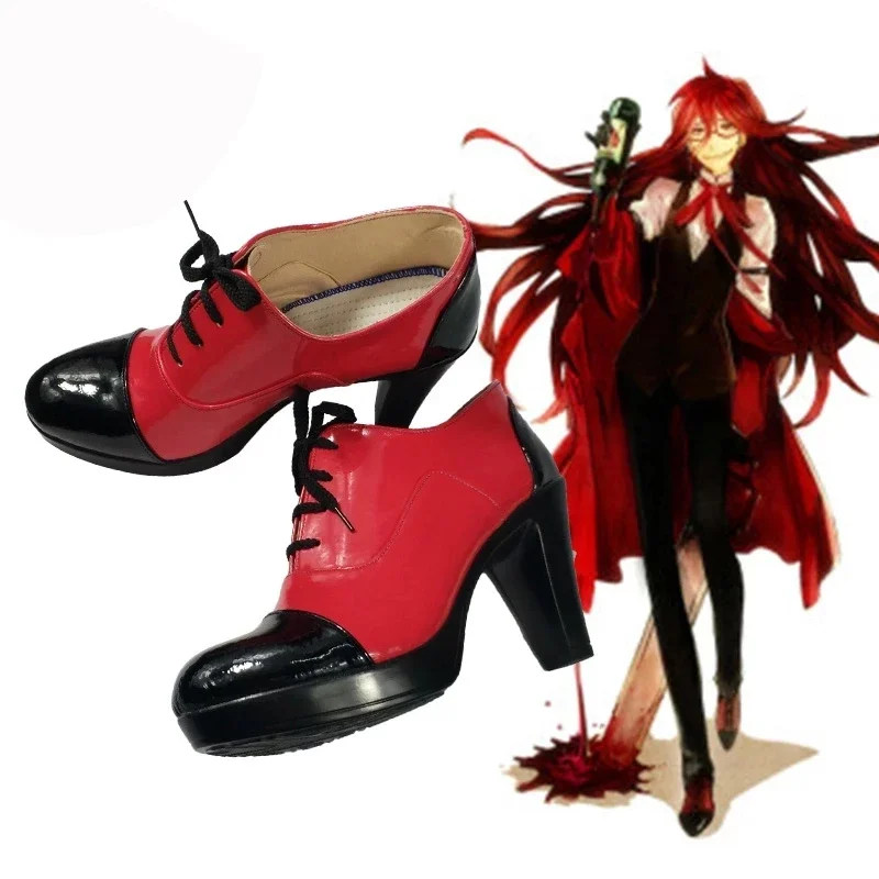 Grell Sutcliff buty Anime Kuroshitsuji śmierć Shinigami Cosplay czerwony mundur strój Kuroshitsuji Grell Sutcliff czerwone długie włosy XC