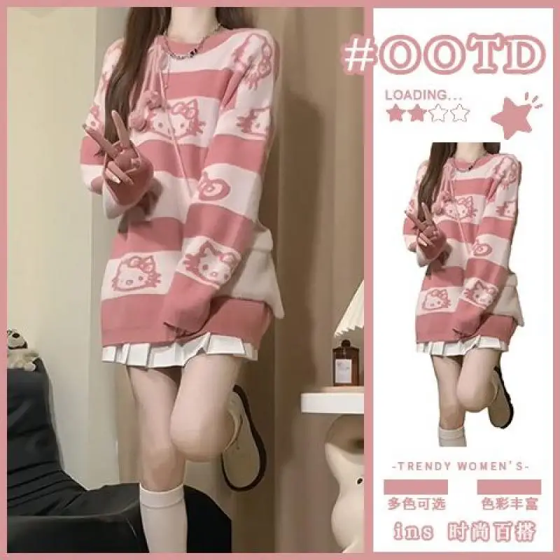 

Sanrio Hello Kitty Pink Knitted Pullovers Sweet Kawaii Cartoon Stripe Sweater Loose Oversize Knitwear Women Winter Warm Clothes