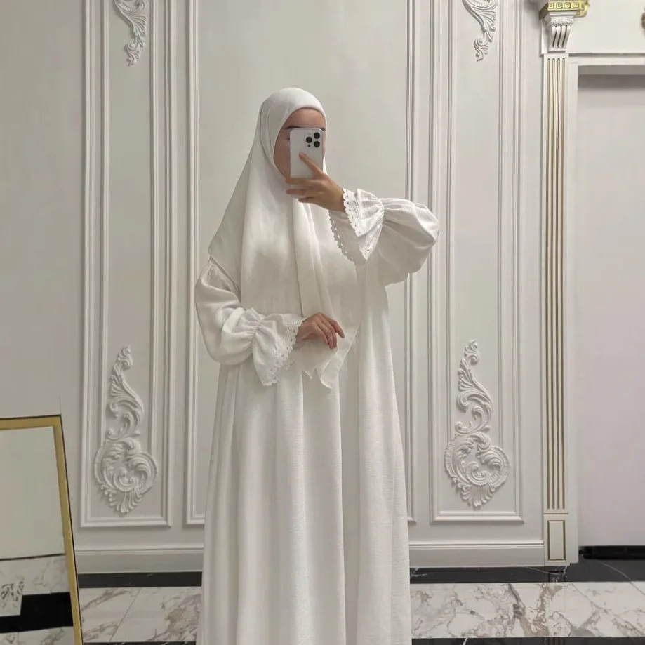 

Dubai Crinkled Modest Prayer Garment Women Muslim Dress Lace Abaya Kaftan Eid Ramadan Turkey Islam Jalabiya Musulmane Caftan New