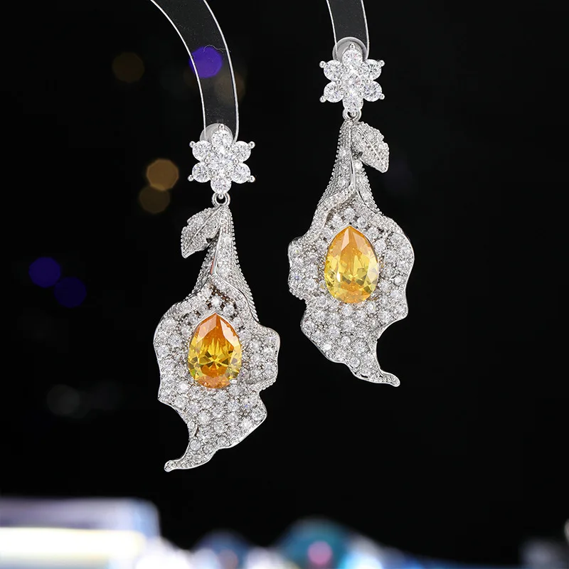 

shiny zirconia earrings silver gold color wedding bride luxury jewelry evening party yellow green leaf pendant earrings women