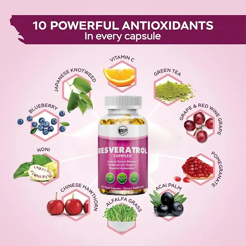 Trans Resveratrol Antioxidant Supplement, Containing Vitamin C and Polyphenol Complex, 60 Vegetarian Capsules