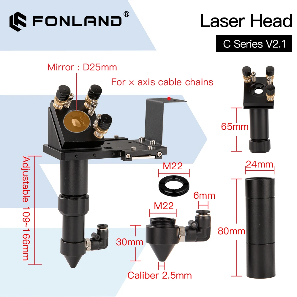 FONLAND C-serie CO2-laserkop Dia.18 FL38.1 & Dia.20 FL50.8 / 63.5/101.6mm Mount voor lasergravure snijmachine (zwart)