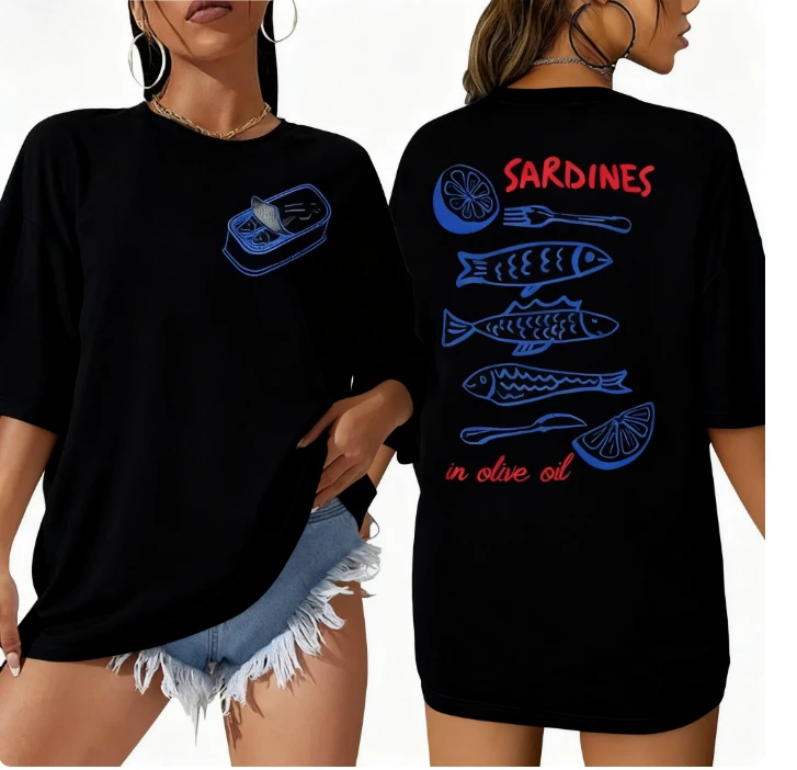 Verano sardinas en aceite de oliva divertido pez Meme 100% Camiseta estampada de algodón puro ropa estética de mujer Casual de manga corta