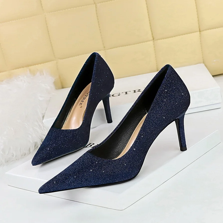 BIGTREE Newest Style Sexy Women Pumps Pointed Toe Wedding Bling Flock 7CM Thin Heels Elegant Professional Women's Shoes