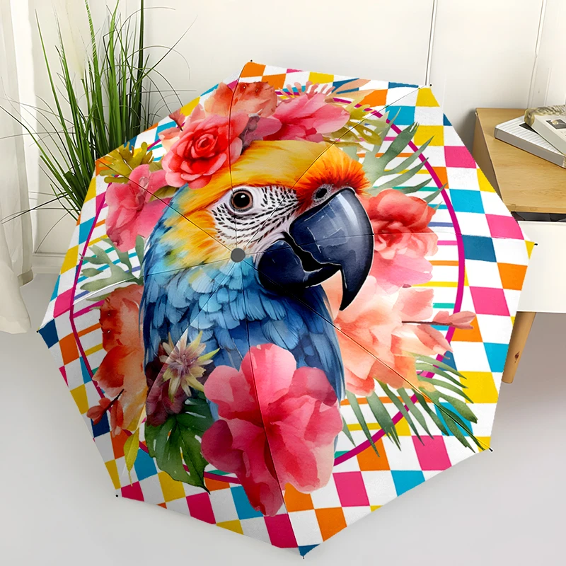 Parrot Theme Design Folding Umbrella - Fashionable Auto-Open Design 8 Iron Ribs Plastic Handle Foldable Sunshade，Perfect Gifts