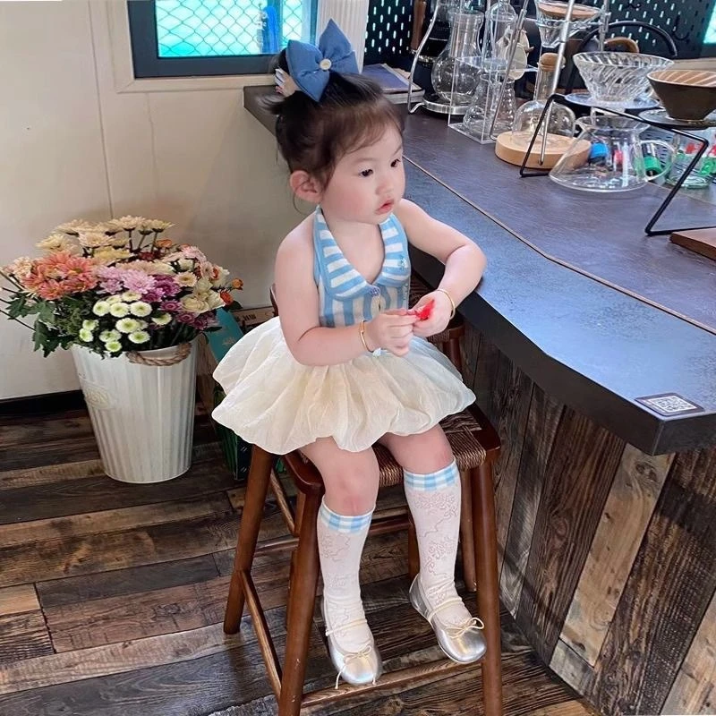 

Girls' 2026 Korean Style Summer Light Blue Stripe Doll Collar Knit Vest Sweet Bloomer Dress Set