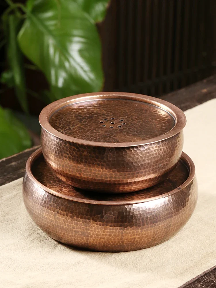 Pure handmade copper pot bearing retro large purple clay  holder water storage tea table, copper Jianshui washing dry brewing