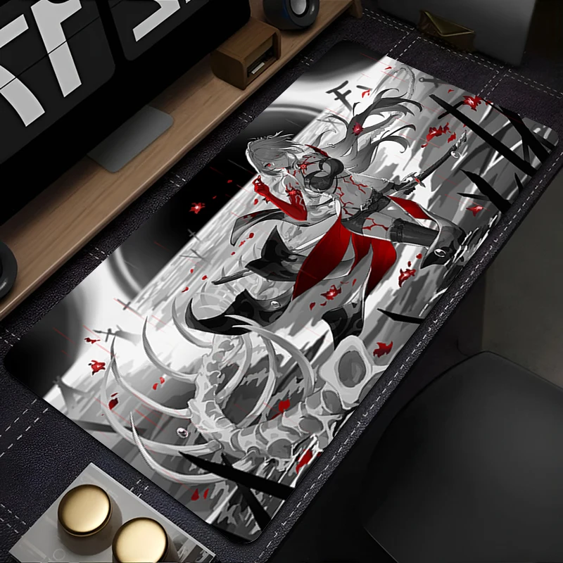 Gaming Mouse Pad,Anti-slip,Stitched Edges,Black White Red Anime Girl with Skeleton Print,Keyboard Pad for Gamer Home Office Desk
