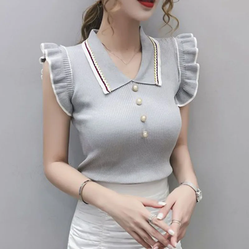 Sexy Slim Fit Ice Silk T Shirt for Women Korean Style Ruffles Gray Thin Knitted T-Shirt Woman 2023 Summer Turn-Down Collar Tops