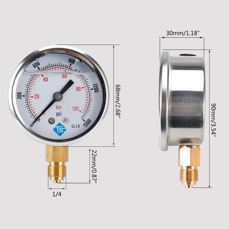 Stainless Steel Vacuum Pressure Gauge Glycerine Filled 1/4\'\' BSP Bottom Dual Scales 0-100 Bar 0-1500 Vacuum Gauge