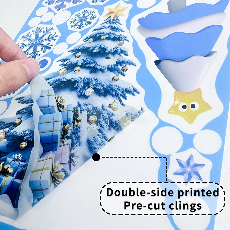 New··Blue Christmas Window Clings Static Sticker Set With Bells Reindeer Santa Snowflakes Snowman For Holiday Party Decor