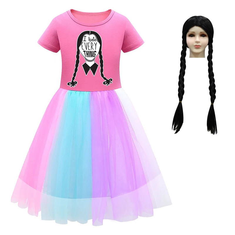 

Little Girl Summer Wednesday Addams Dress Princess Kids Clothes Vestidos for Birthday Party Children Fancy Rainbow Dresses