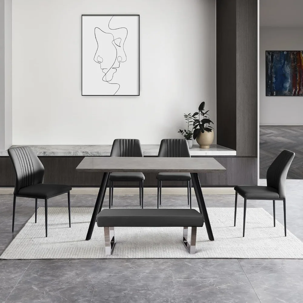 

Modern 6-Piece Dining Table Set with Rectangular Wooden Dining Table, 4 Leather Dining Chairs and 1 Leather Stool, Suitable