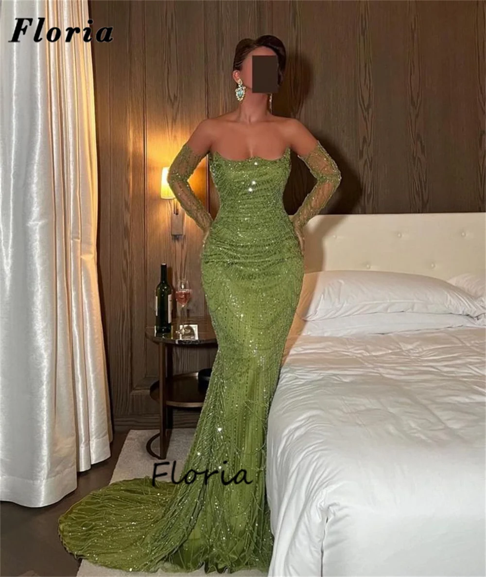 

Exquisite Green Beading Party Dresses Strapless Mermaid Women Evening Dress Plus Size Dubai Customized Pearls Engagement Gowns