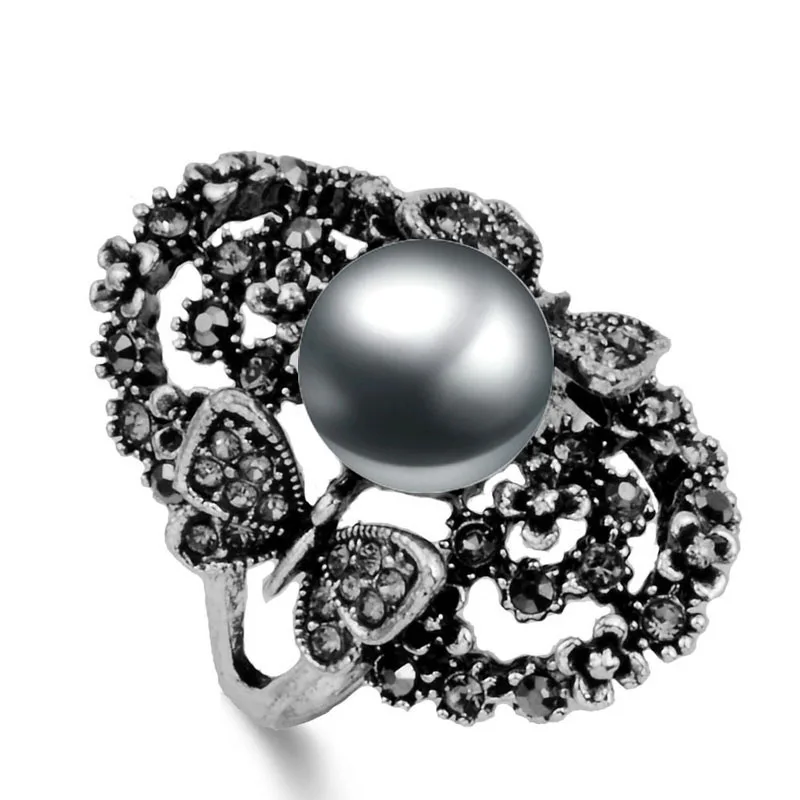 SINLEERY Vintage Gray Pearl Ring For Women Antique Silver Color Fashion Jewelry Wedding Rings