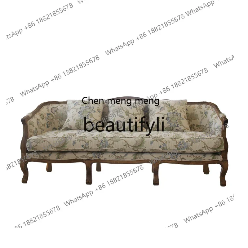 

American rural solid wood sofa retro pastoral floral jacquard fabric