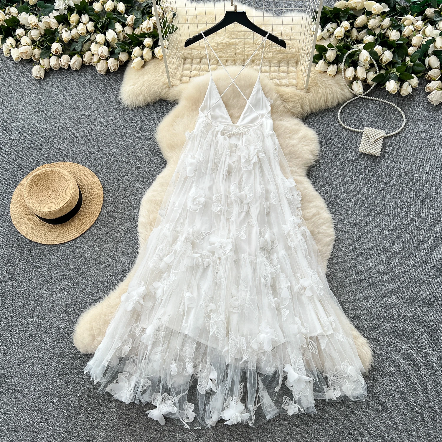 シックなヴィンテージ立体メッシュノースリーブエレガントな妖精韓国ファッション自由奔放に生きるサンドレス女性服