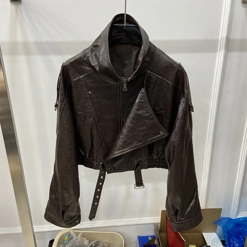 New Arrival Spring Women's Fashion Motorcycle Short Genuine Sheepskin Leather Jacket