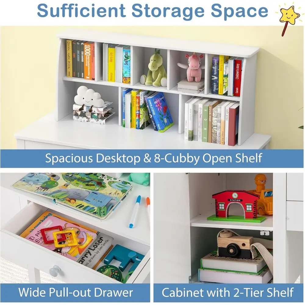 Houten kinderstudeerbureau met hok, grote opbergkast en lade, witte thuisschoolbureau en stoelset voor kinderen vanaf 3 jaar