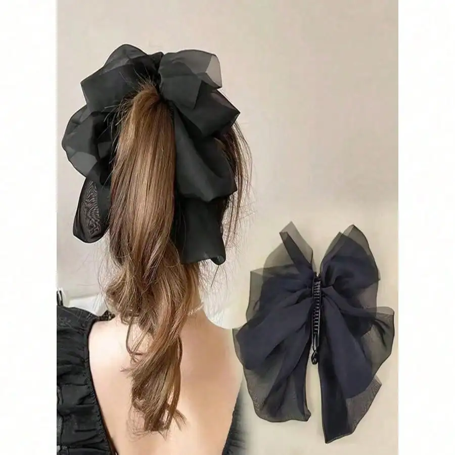 1pc Women's Elegant Mesh Bow Chiffon Banana Clip, Large Vertical Hair Claw, Daily Hair Accessories For Students, College & Christmas SC260623134435145757291