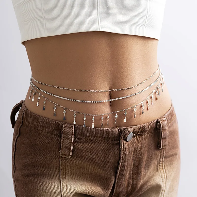 

‌Women's Western Multilayer Fringe Body Chain Glitter Sequins Metal Waist Chain Rhinestone Heart Slim Party Street Body Jewelry