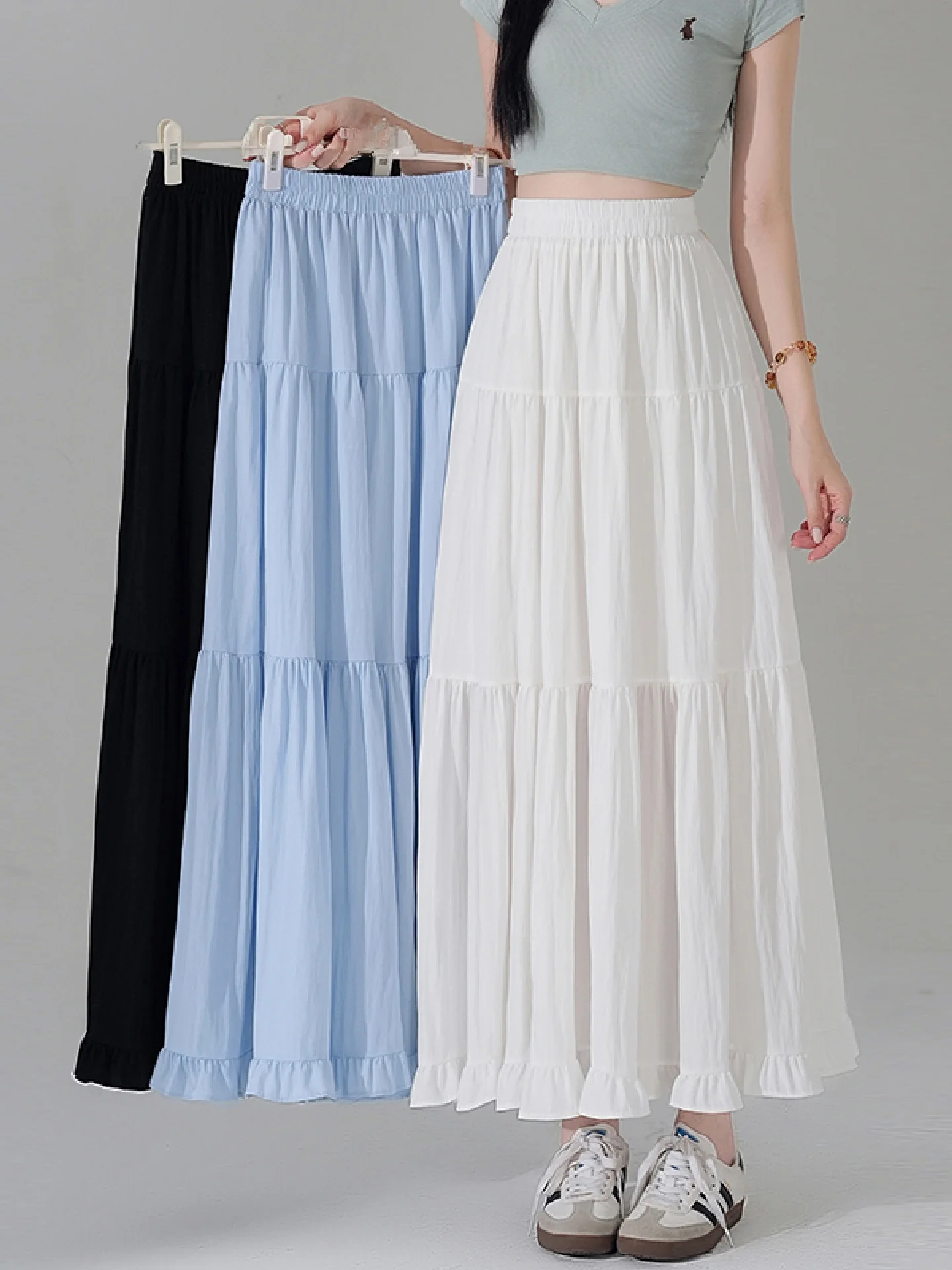 

Korean Sle Pleated f Skirt Women's Spring Summer Loose Waist A-Line Midi Skirt Gored Hem Pleated Skirt Commute