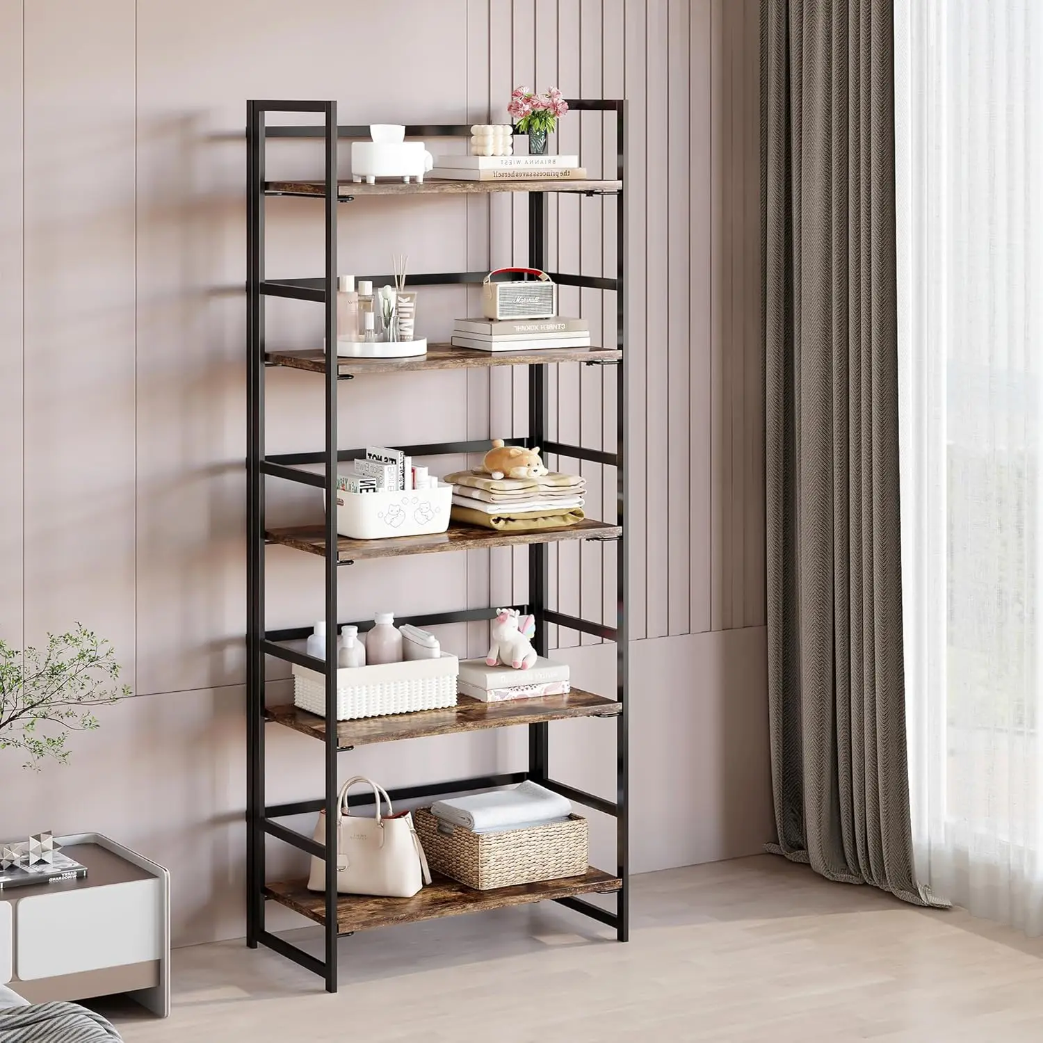 Vintage Multifunctional Folding Bookshelf, No-Assembly Plant Stand Storage Rack Shelves for Home Office (Fire, 5-Tier)