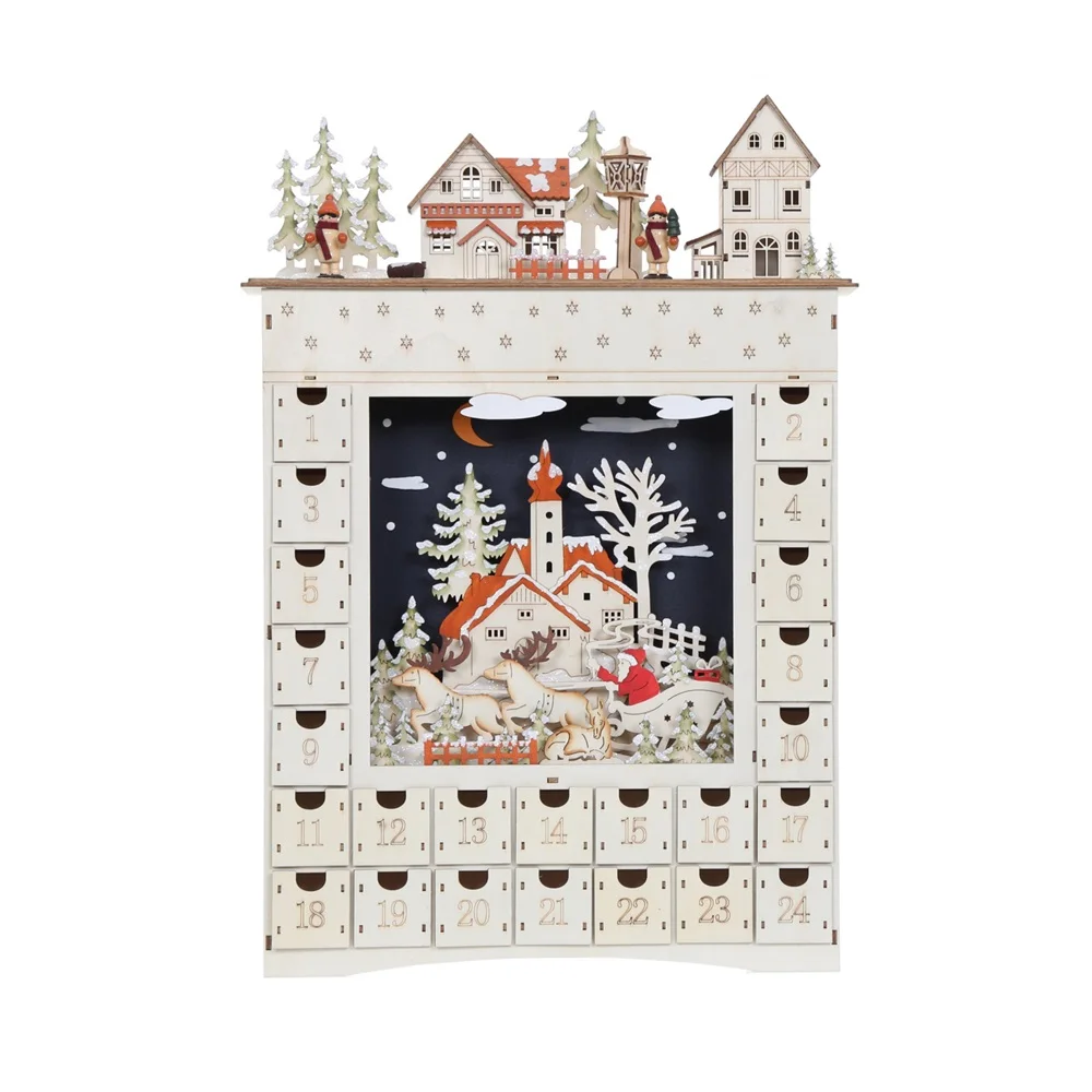 

Wooden Christmas Advent Custom Calendar 2023 House Shape Top with Scenes 24 Days Countdown Tabletop Decoration