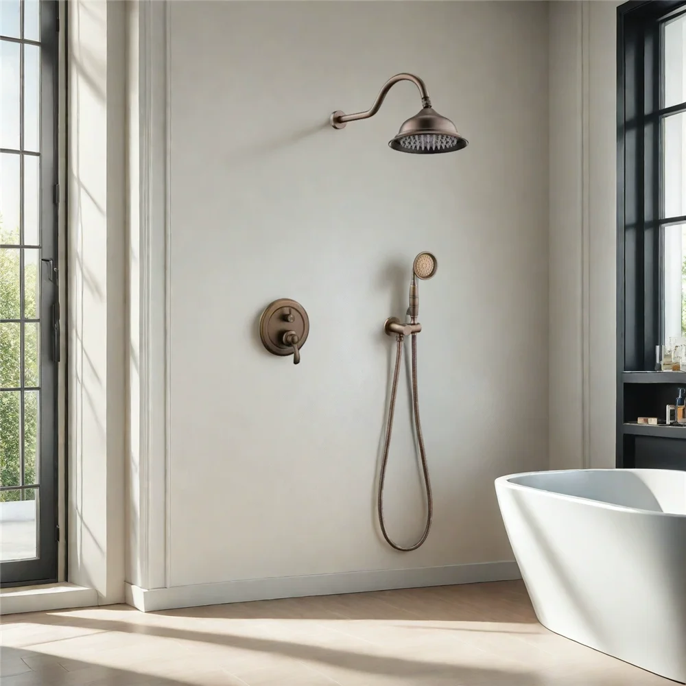 Antique Rainfall Shower Set Wall Mounted Brushed Gold Shower Faucet Set Total Brass Rose Gold Bath & Shower Mixer Tap Brass