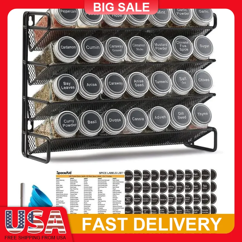 

4 Tier Spice Rack Organizer with 28 Glass Jars 386 Labels Wall Mount Cabinet Storage for Kitchen Pantry Airtight Spice Container