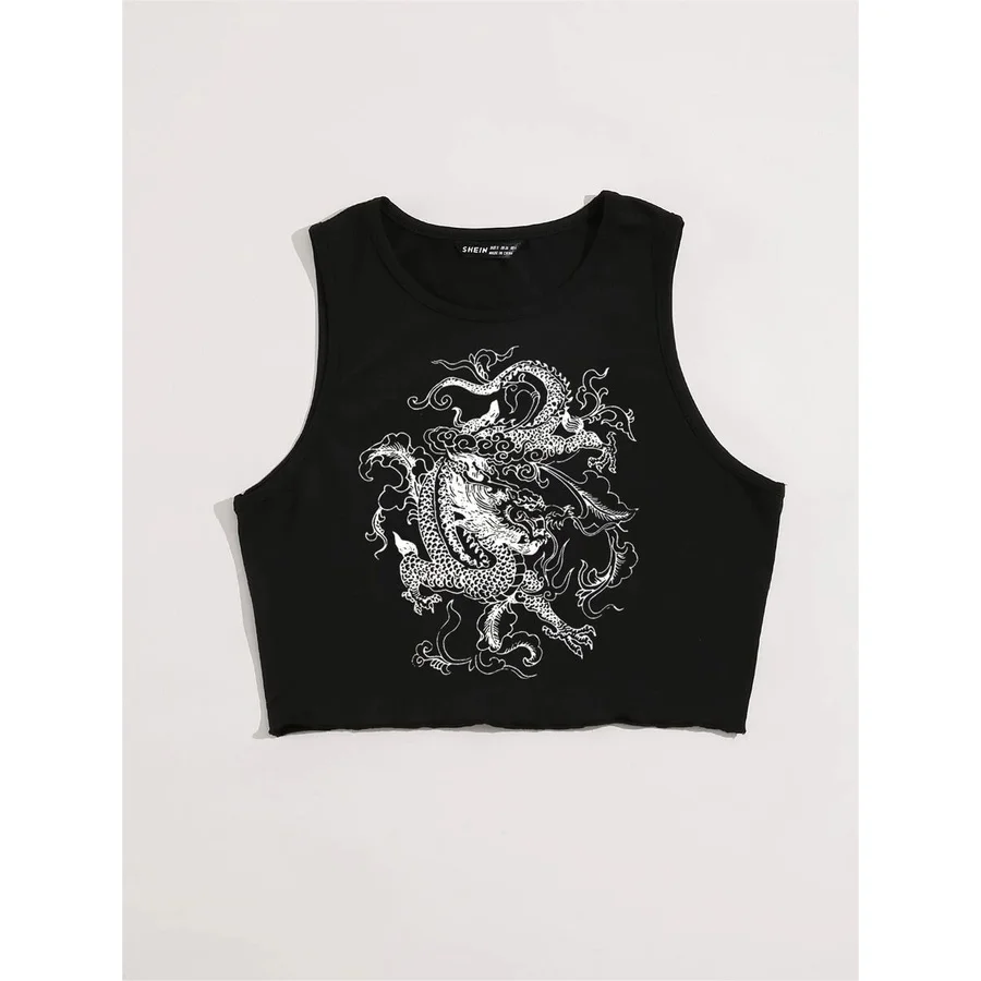 Printcess Women's Y2K Cool Sleeveless Round Neck Tank Chinese Dragon Lettuce Trim Vest Print Short Vest Tee Cool Street Fashion