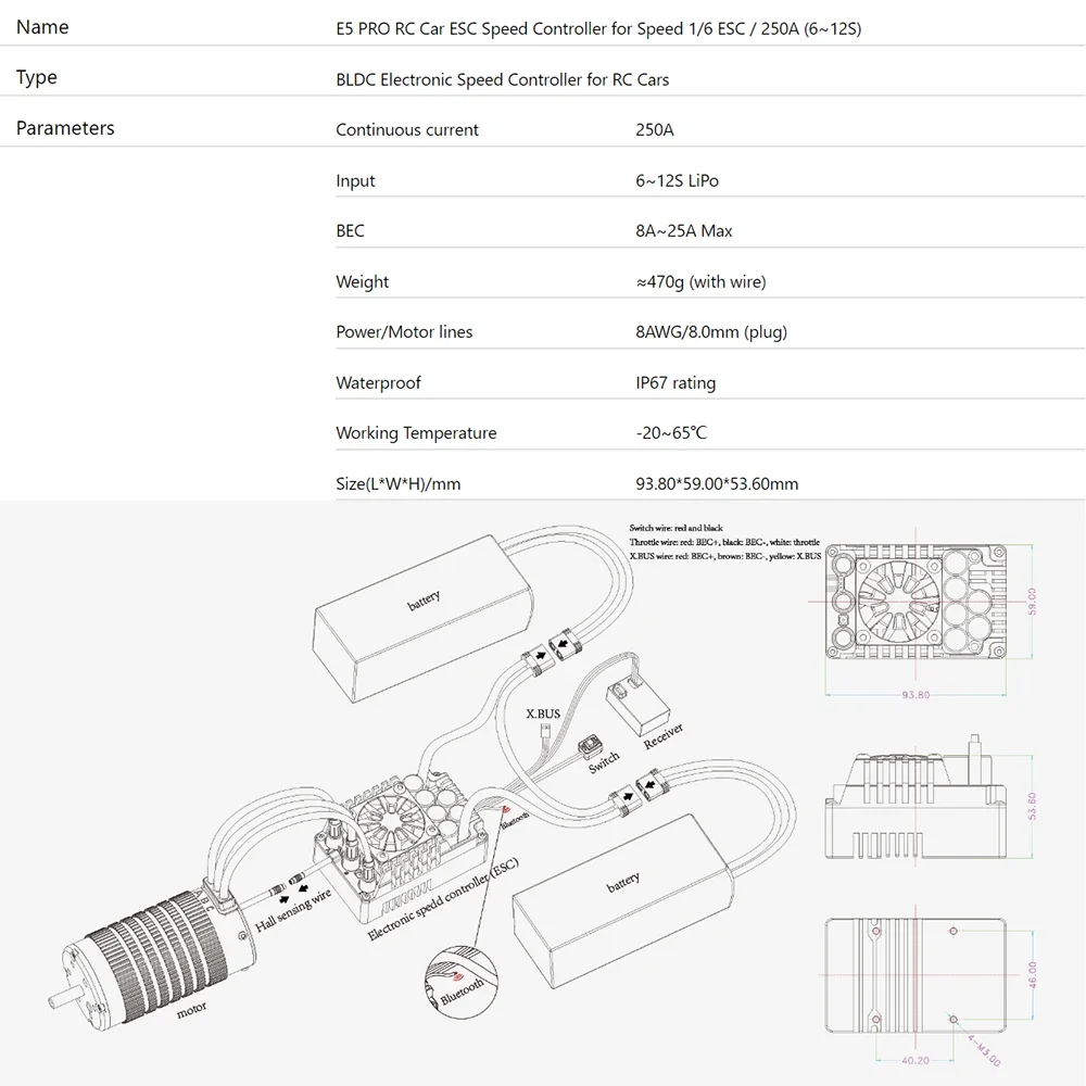 XC E5 PRO 250A 6-12S Lipo Sensored Borstelloze ESC voor 1/5 1/6 RC Model Auto snelheid Buggy Truck Accessoires