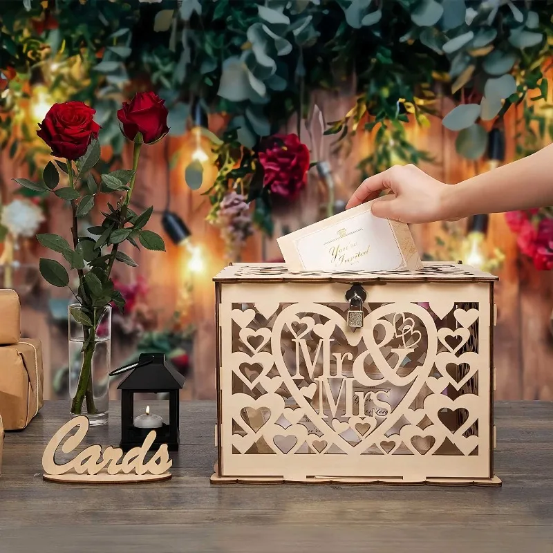 DIY خشبية السيد والسيدة. صندوق هدايا الزفاف - حامل بطاقات متعدد الوظائف مع فتحة نقود لتخزين الحروف وكتاب الضيوف لحفلات الزفاف