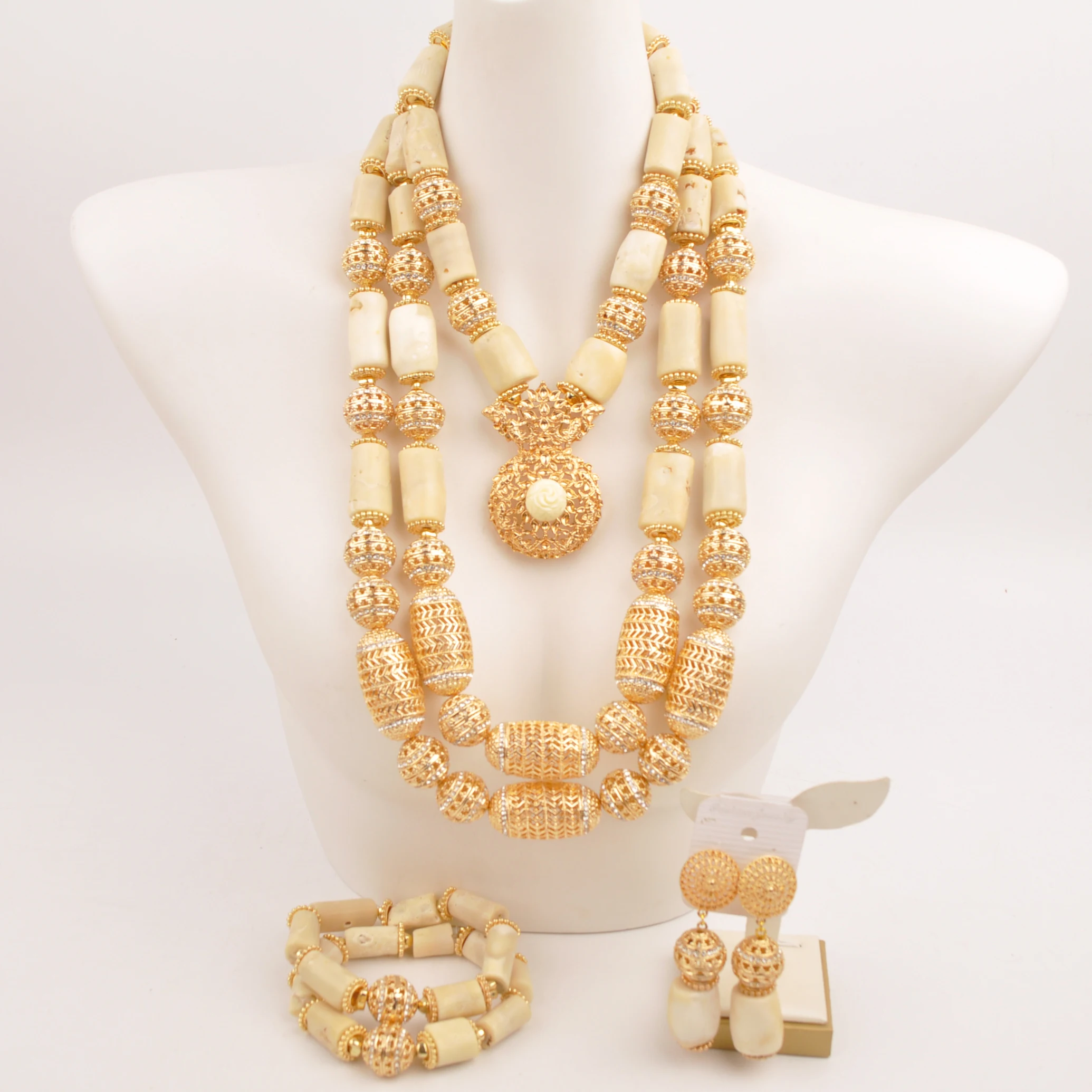 White Natural Coral Bead African Bridal Necklace Nigerian Bride Wedding Jewelry Set