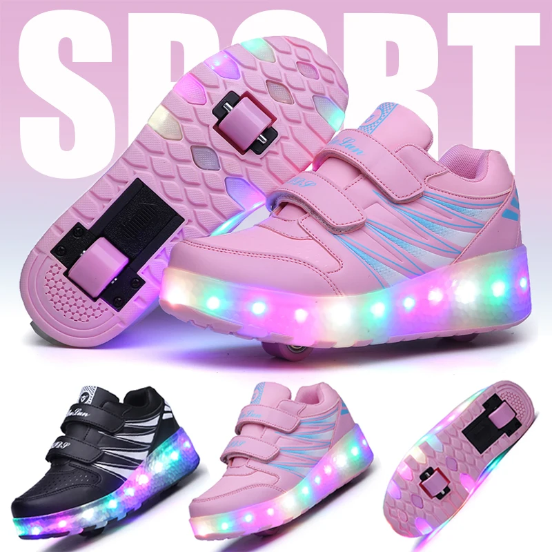 Fashionable sports shoes with lights, 2-wheel roller skates for children, sizes 27-43, multifunctional wheel shoes